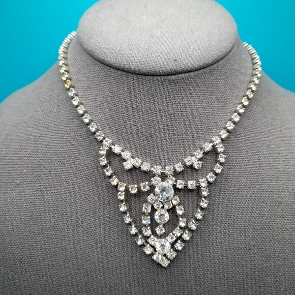 Small Vintage Wedding Clear Rhinestone Necklace Bracelet Set, 1950, 14" & 6 3/4" - Picture 2 of 11